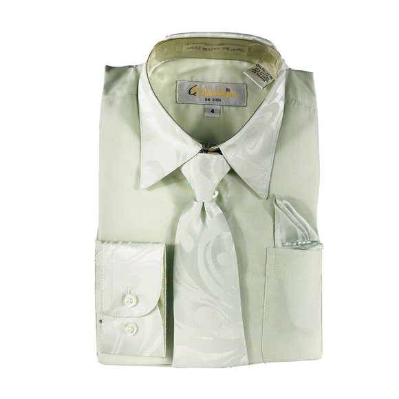 Gian Mario Boys Green Dress Shirt Matching Tie and Hanky Set Partial Satin - Picture 1 of 3